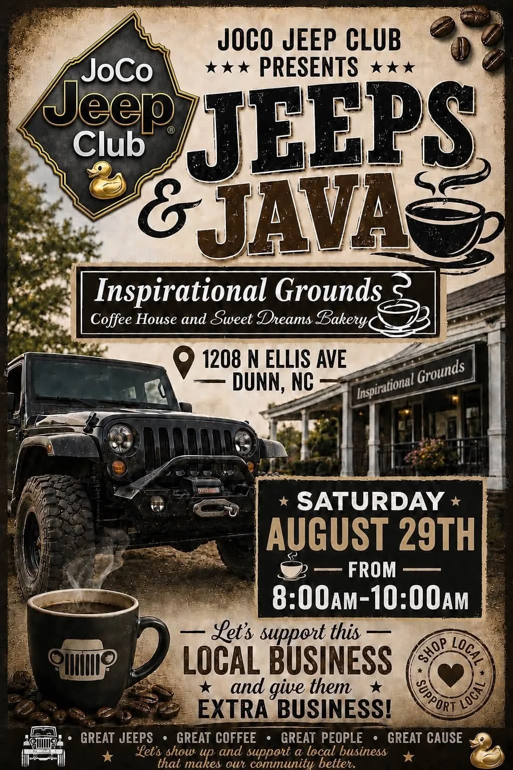 Jeeps & Java at Inspirational Grounds event flyer for August 29, 2026